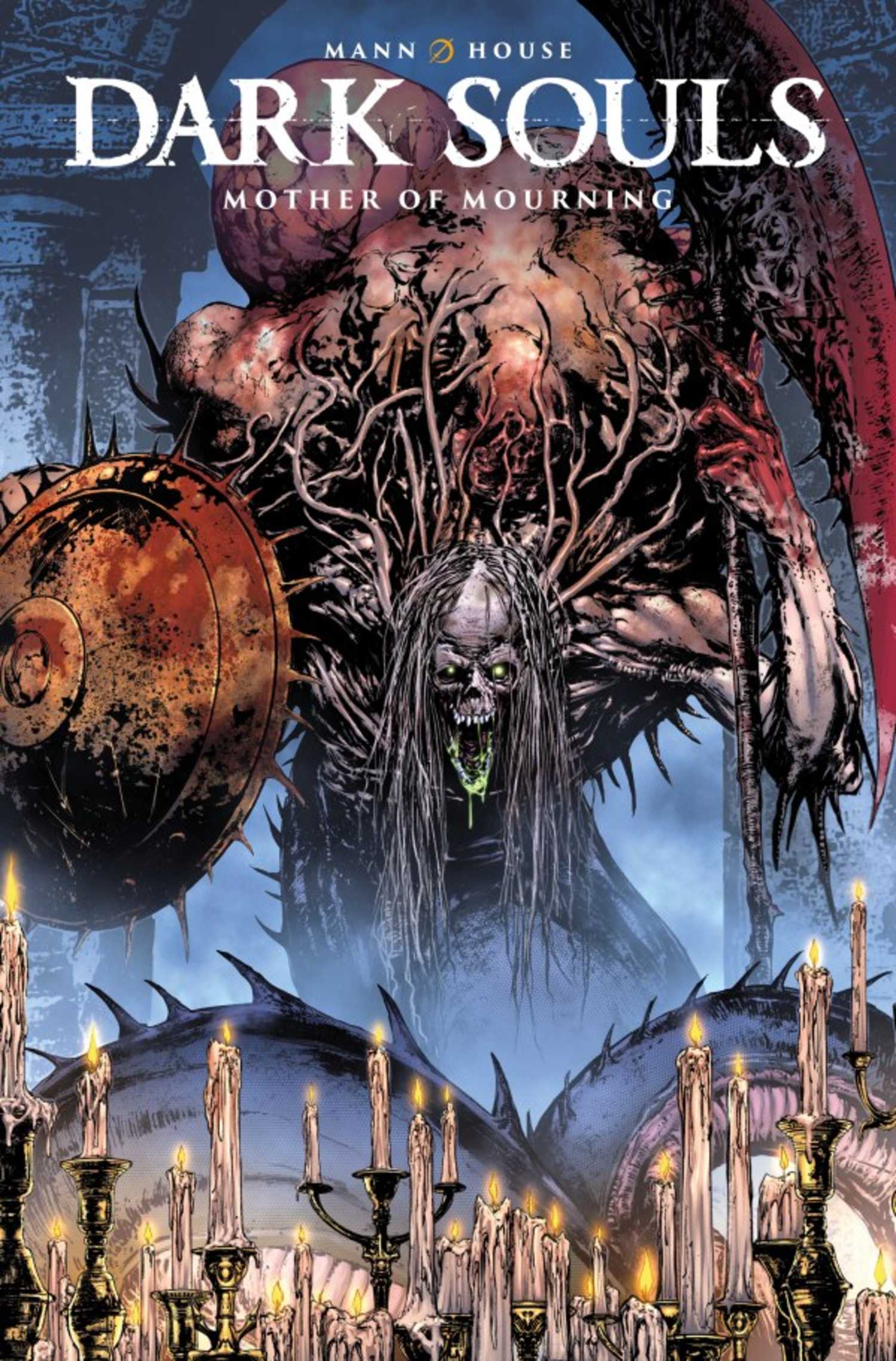 Dark Souls Mother of Mourning #1, a grotesque creature holding up a soldier's shield