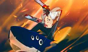 Denji standing on top of and riding Beam in Chainsaw Man – The Movie: Reze Arc.