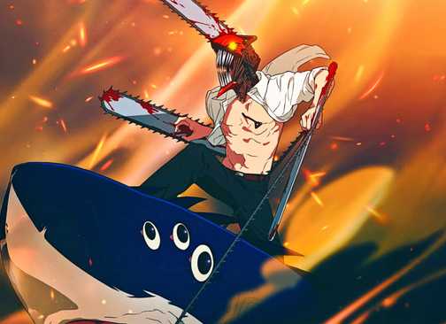 Denji standing on top of and riding Beam in Chainsaw Man – The Movie: Reze Arc.