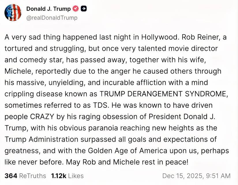 donald trump statement on rob reiner s death
