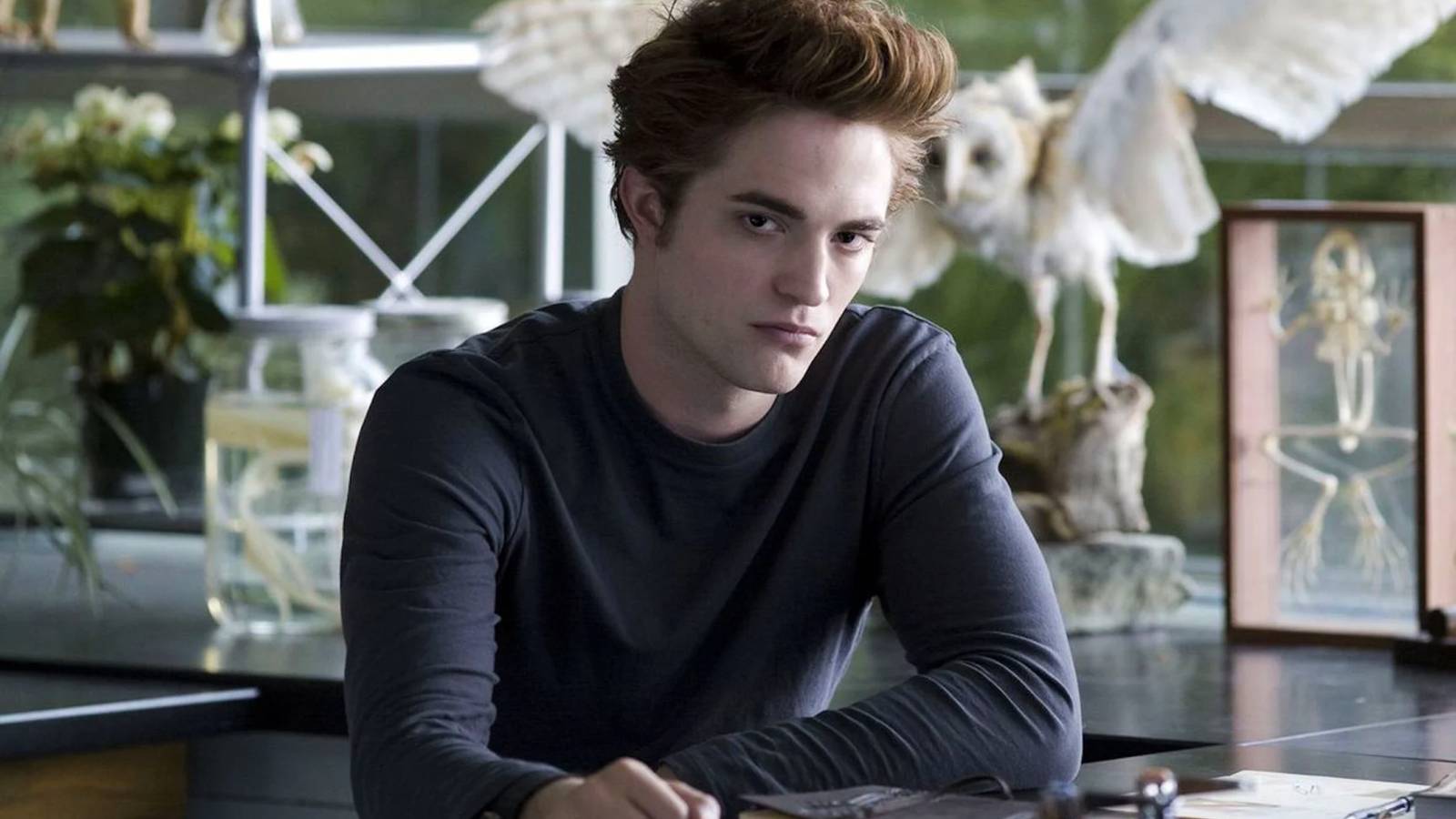 Edward Cullen sits at the table in biology in Twilight
