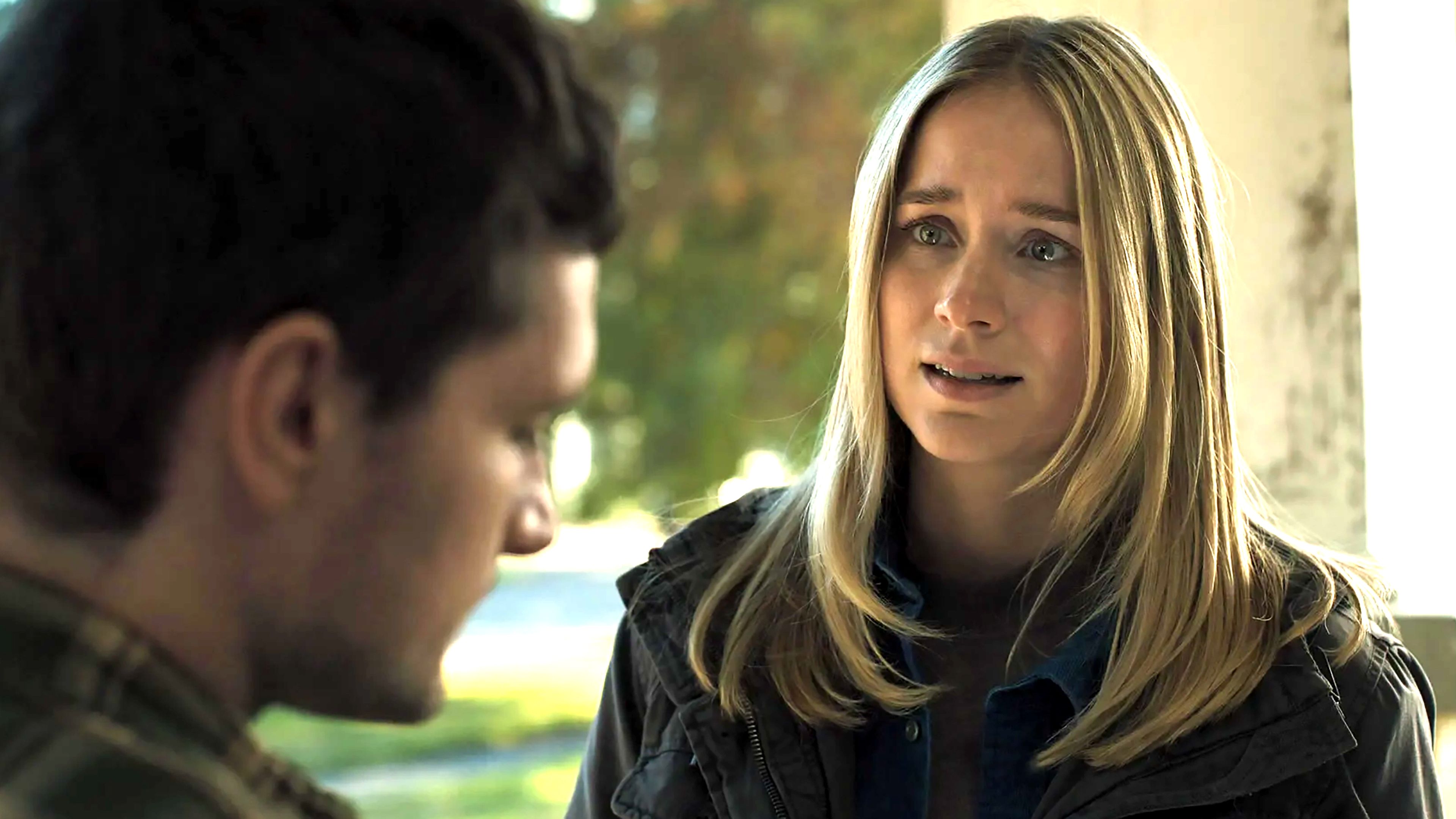 Elizabeth Lail's Vanessa looking worriedly at Josh Hutcherson's Mike in Five Nights at Freddy's 2