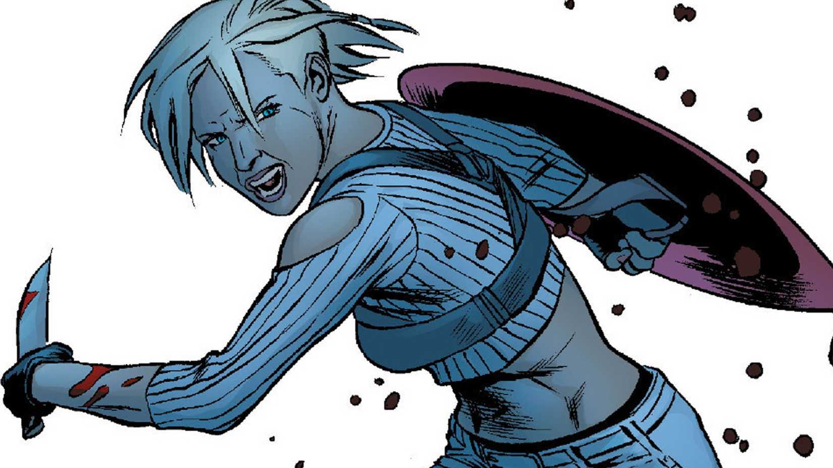 Ellie Rogers, daughter of Captain America, holding a knife and Cap's shield. 