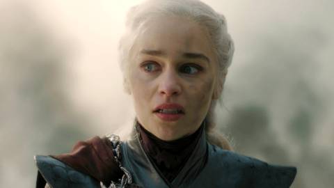 Emilia Clarke's Daenerys Targaryen looking angry to the side in Game of Thrones season 8