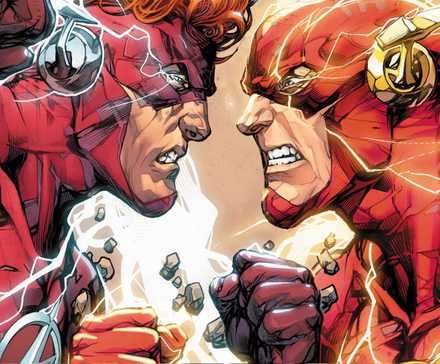 DC's Absolute Universe Officially Drops Its First Terrible Redesign With Reverse-Flash 1 Wally West (the third Flash) and Barry Allen (the second Flash) facing off in a fight.
