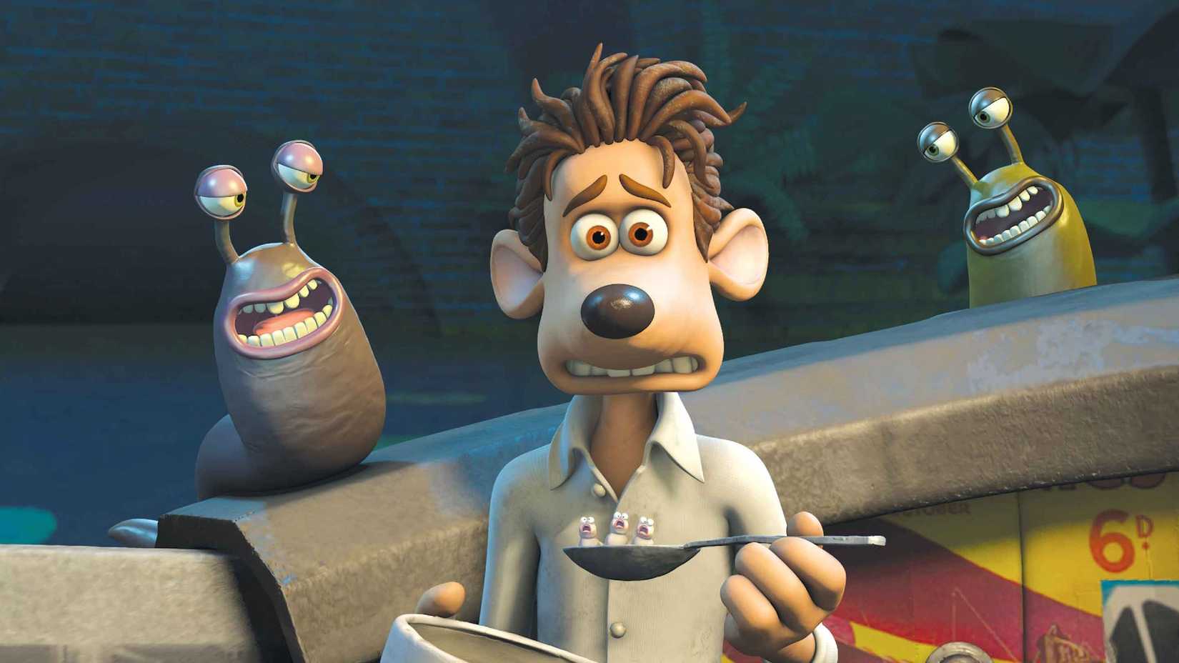 Roddy looks disgusted while surrounded by slugs in Flushed Away