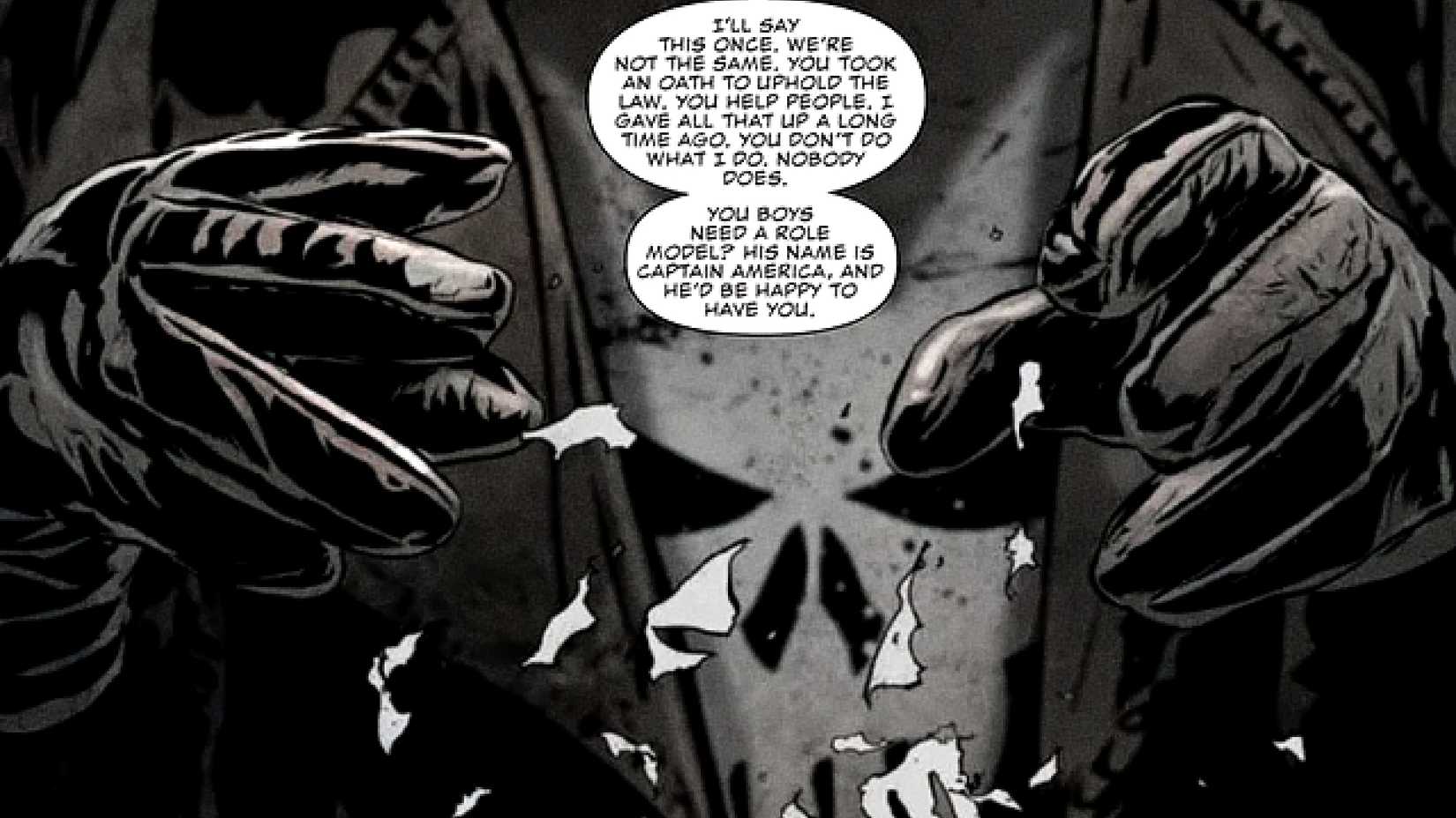 Frank Castle destroys a Punisher skull logo emblem in Marvel Comics