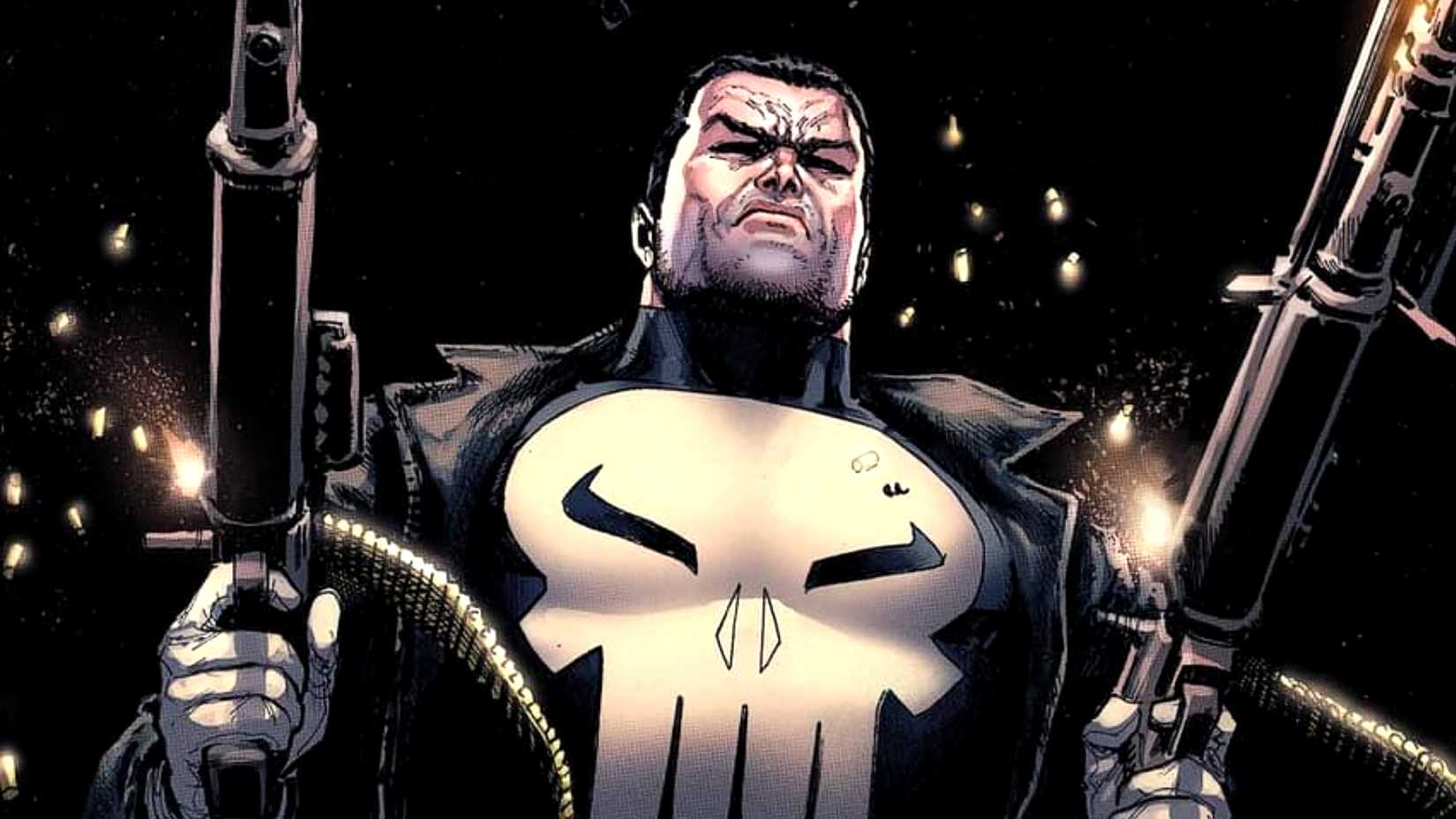 Frank Castle shoots two machine guns while wearing the Punisher skull logo on his chest