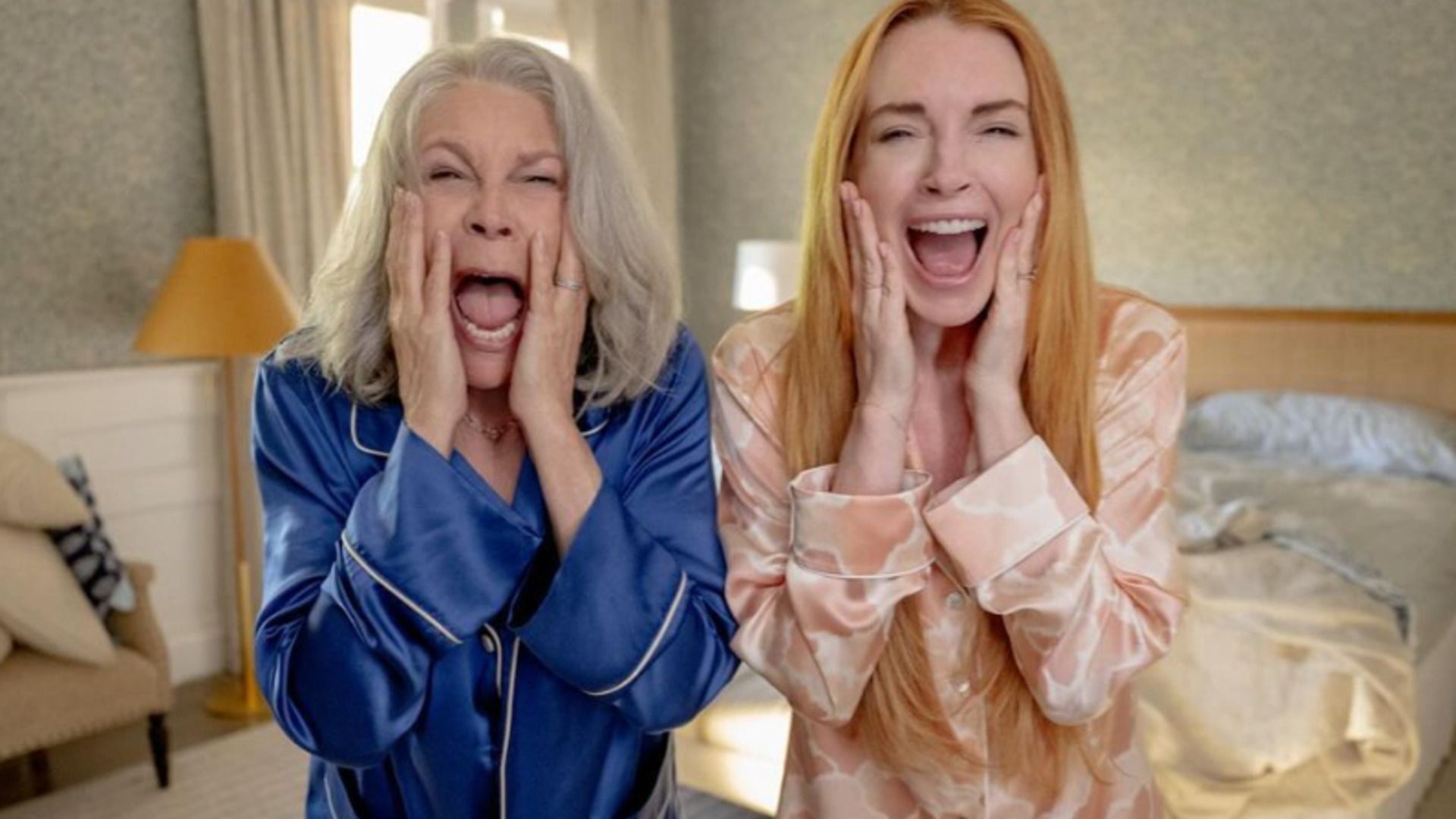 Lindsay Lohan and Jamie Lee Curtis screaming in Freakier Friday (2025)