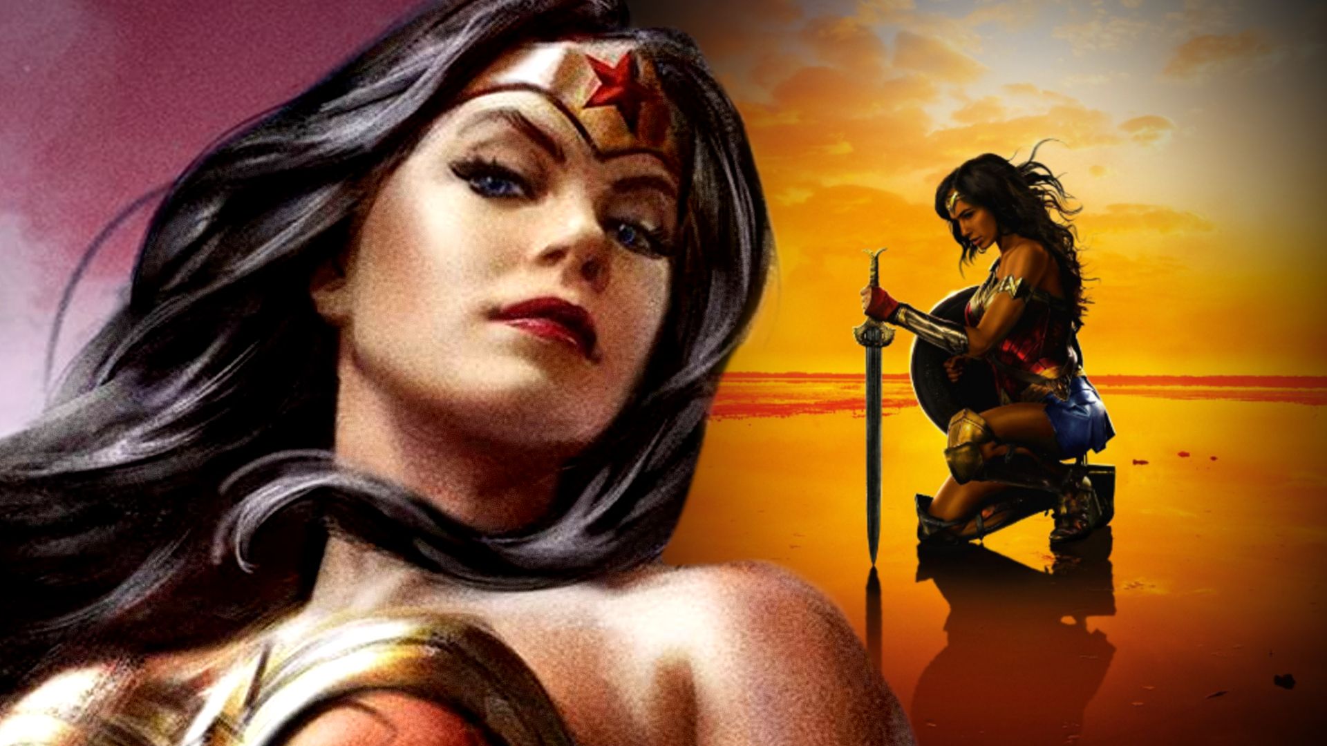 Gal Gadot's Wonder Woman kneels behind DC Comics' Diana Prince