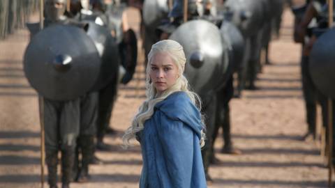 Game Of Thrones still featuring Emilia Clarke in front of an army with shields.