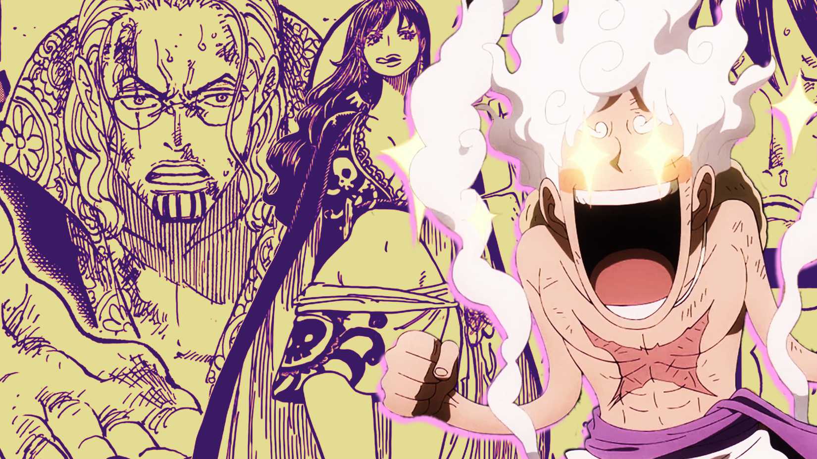 Luffy ở trạng thái Gear 5 trông rất hào hứng, còn Rayleigh và Shakky thì ở phía sau.