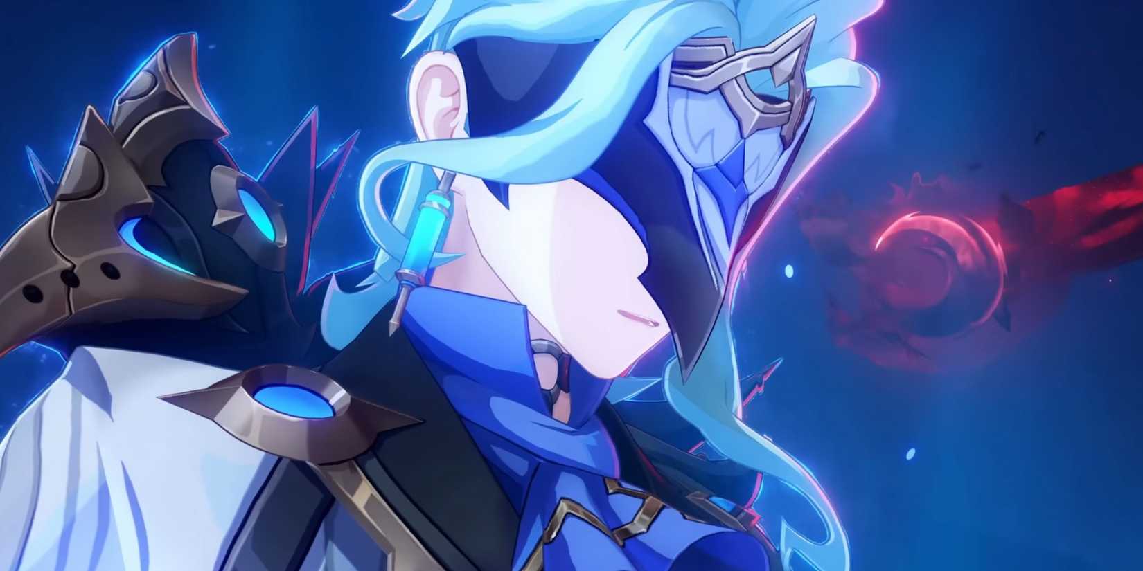 Dottore, circondato da energia, nel gioco Genshin Impact.