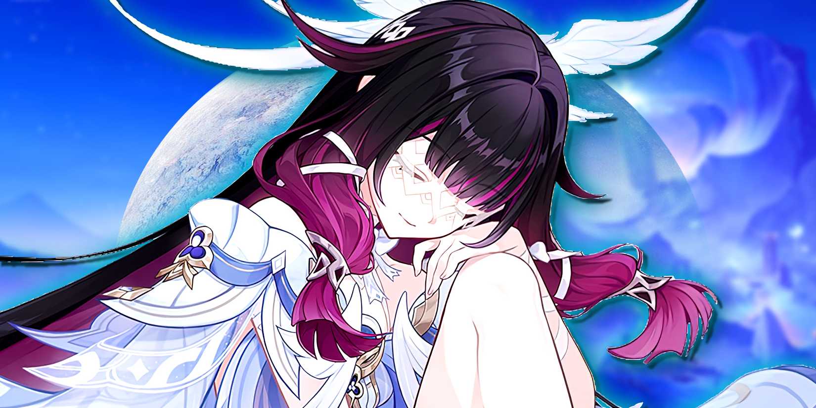 Columbina rests her head on her hand, which rests on her knee in Genshin Impact.