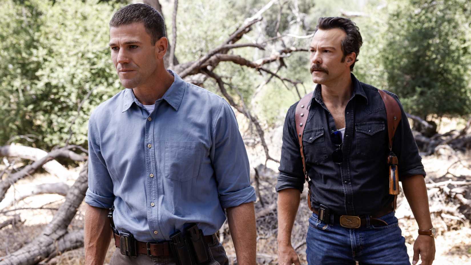 Gibbs and Franks out in the woods during an emotional scene in NCIS Origins