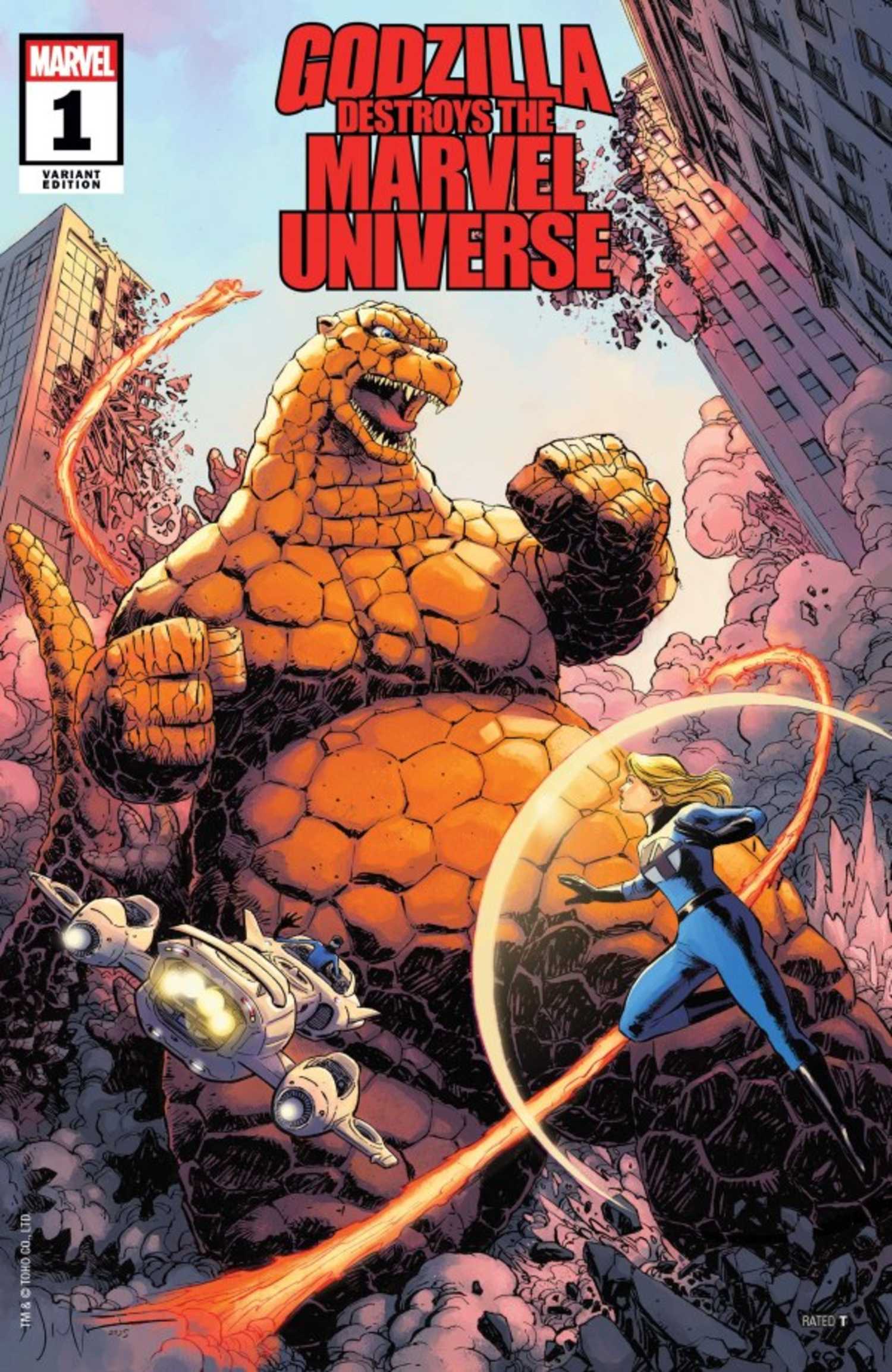 Godzilla with Thing's rocky skin fighting the Fantastic Four