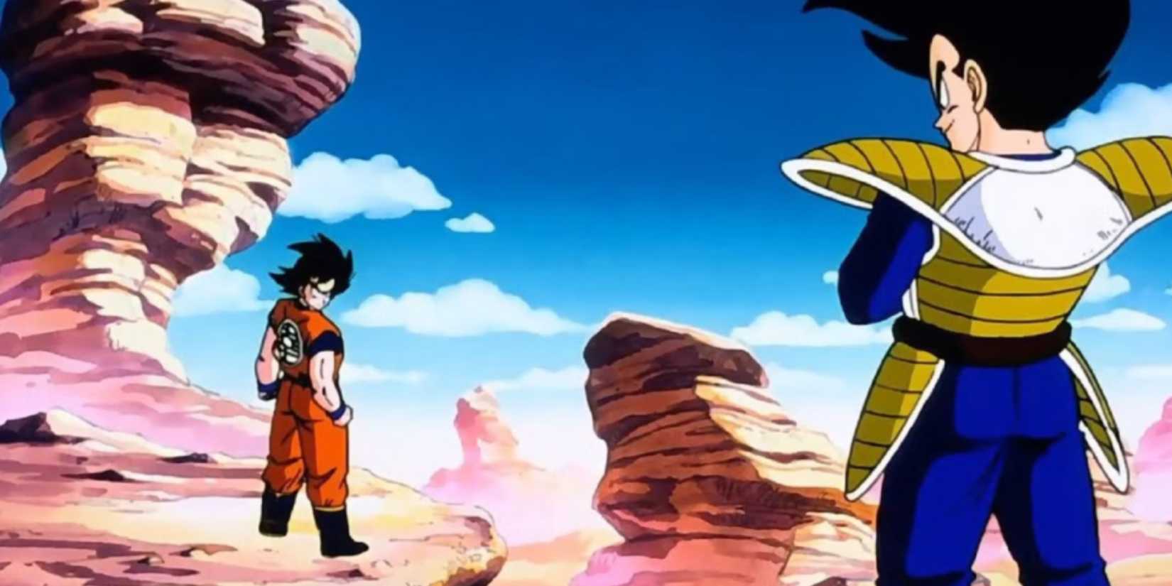 Goku staring down Vegeta for the first time in Dragon Ball Z