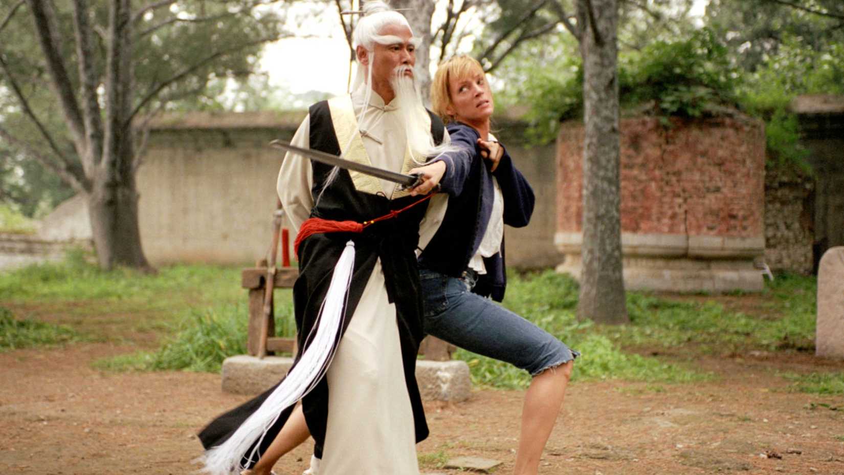 Gordon Liu as Pai Mei training Uma Thurman in Kill Bill