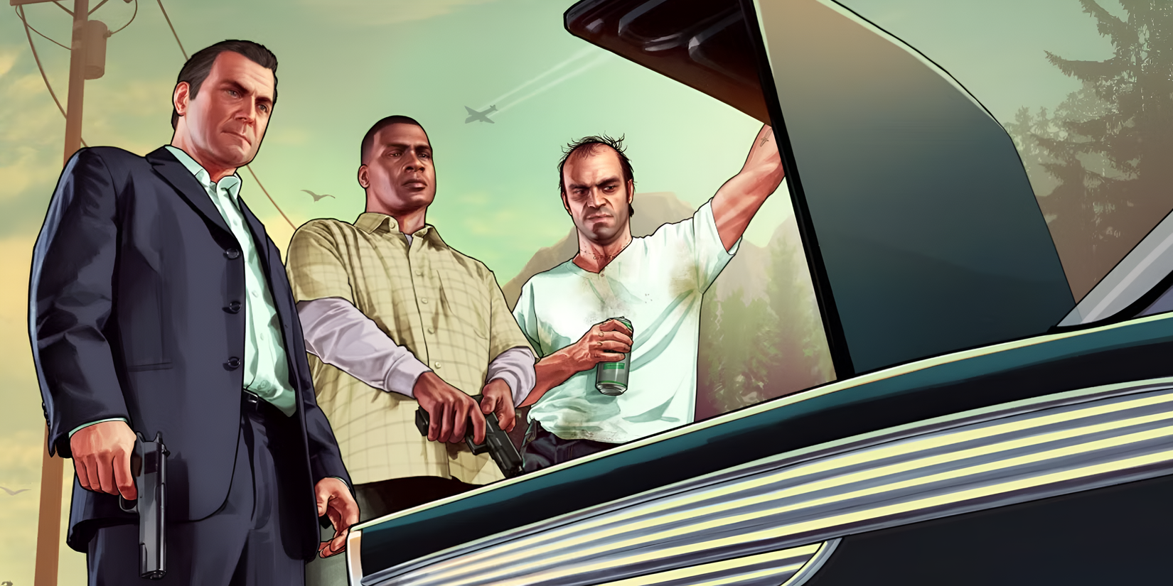 Michael, Franklin, and Trevor look inside the trunk of a car