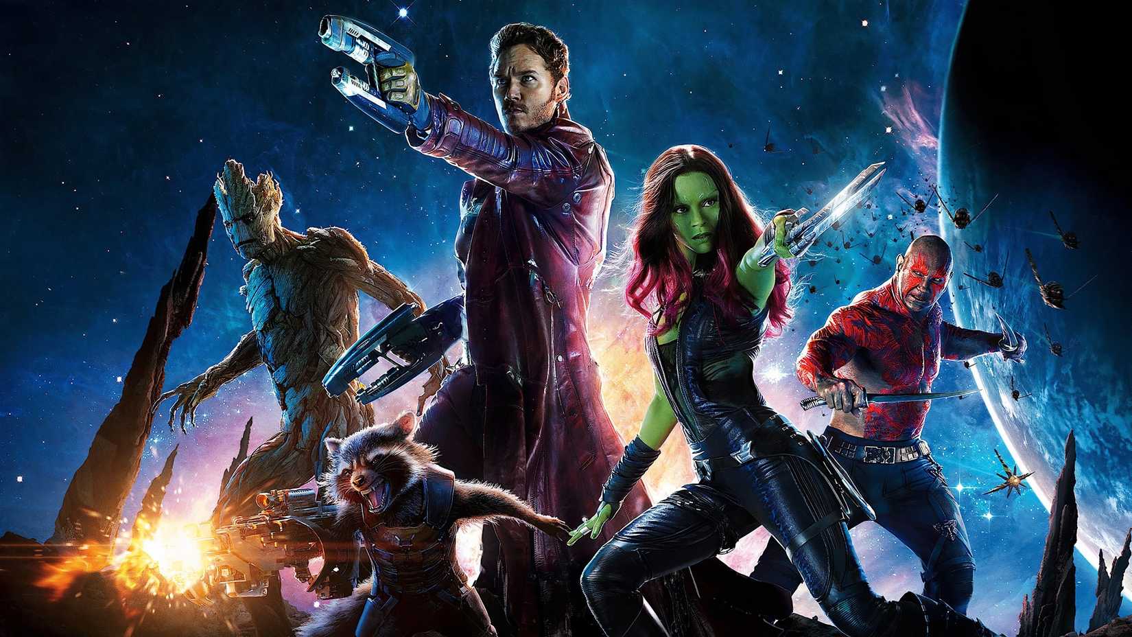 Groot, Rocket, Star-Lord, Gamora e Drax em Guardiões da Galáxia (2014)