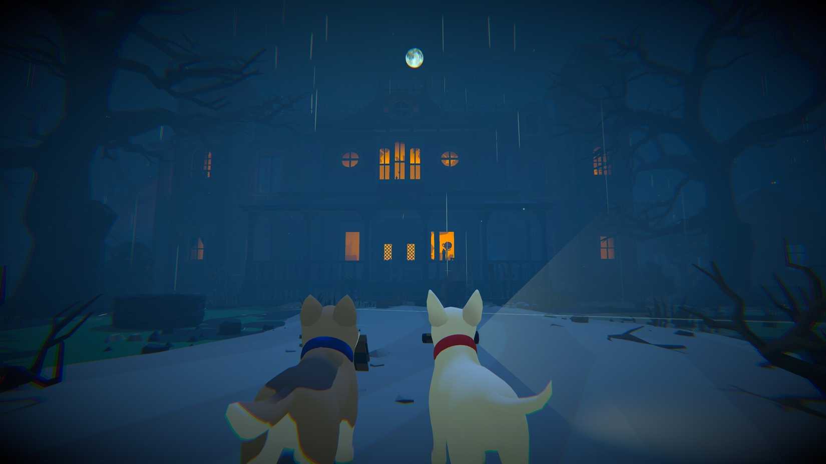 Two puppies in a haunted pose staring at a spooky mansion at night