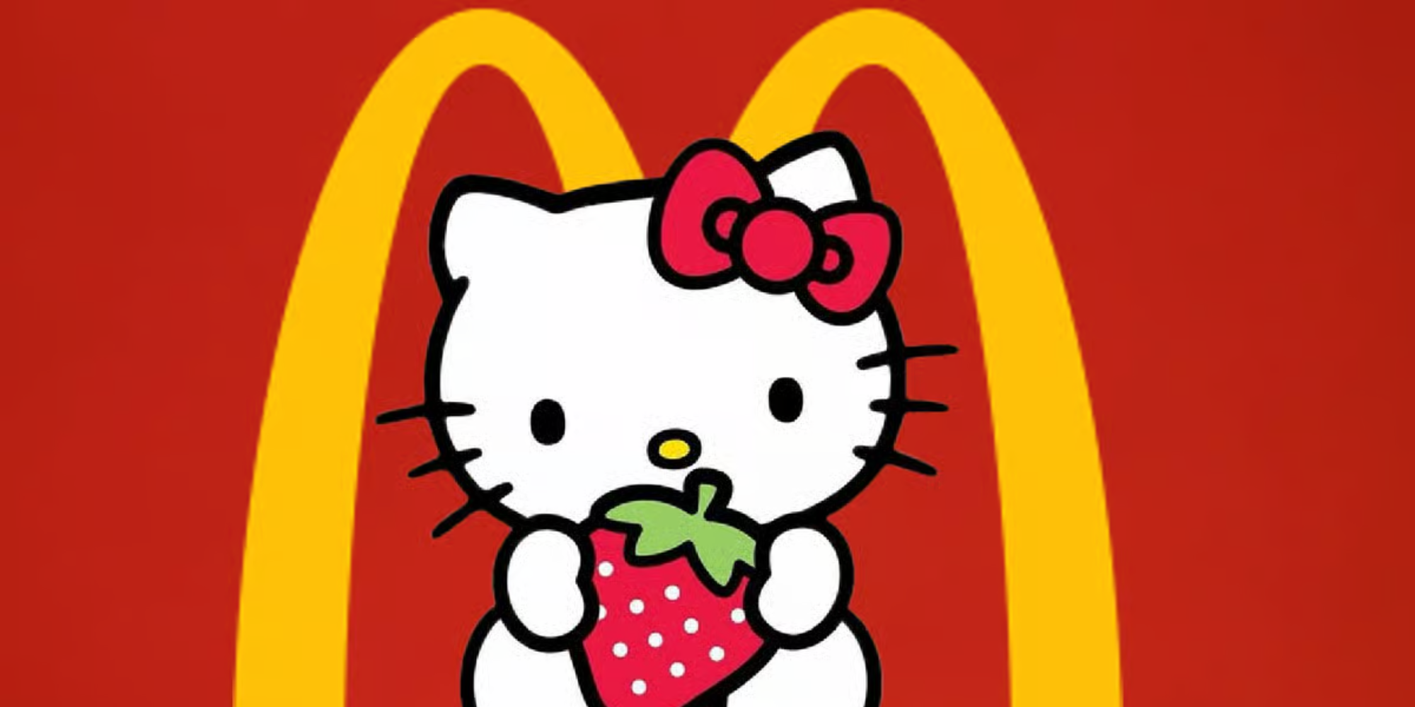 Hello Kitty with a strawberry in front of the McDonald's logo