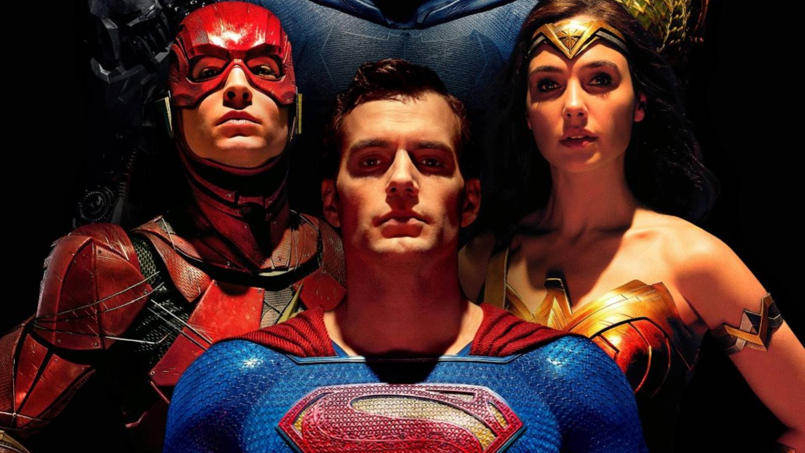 Henry Cavill's Superman stands between Gal Gadot's Wonder Woman and Ezra Miller's Flash in Zack Snyder's DCEU Justice League movie poster