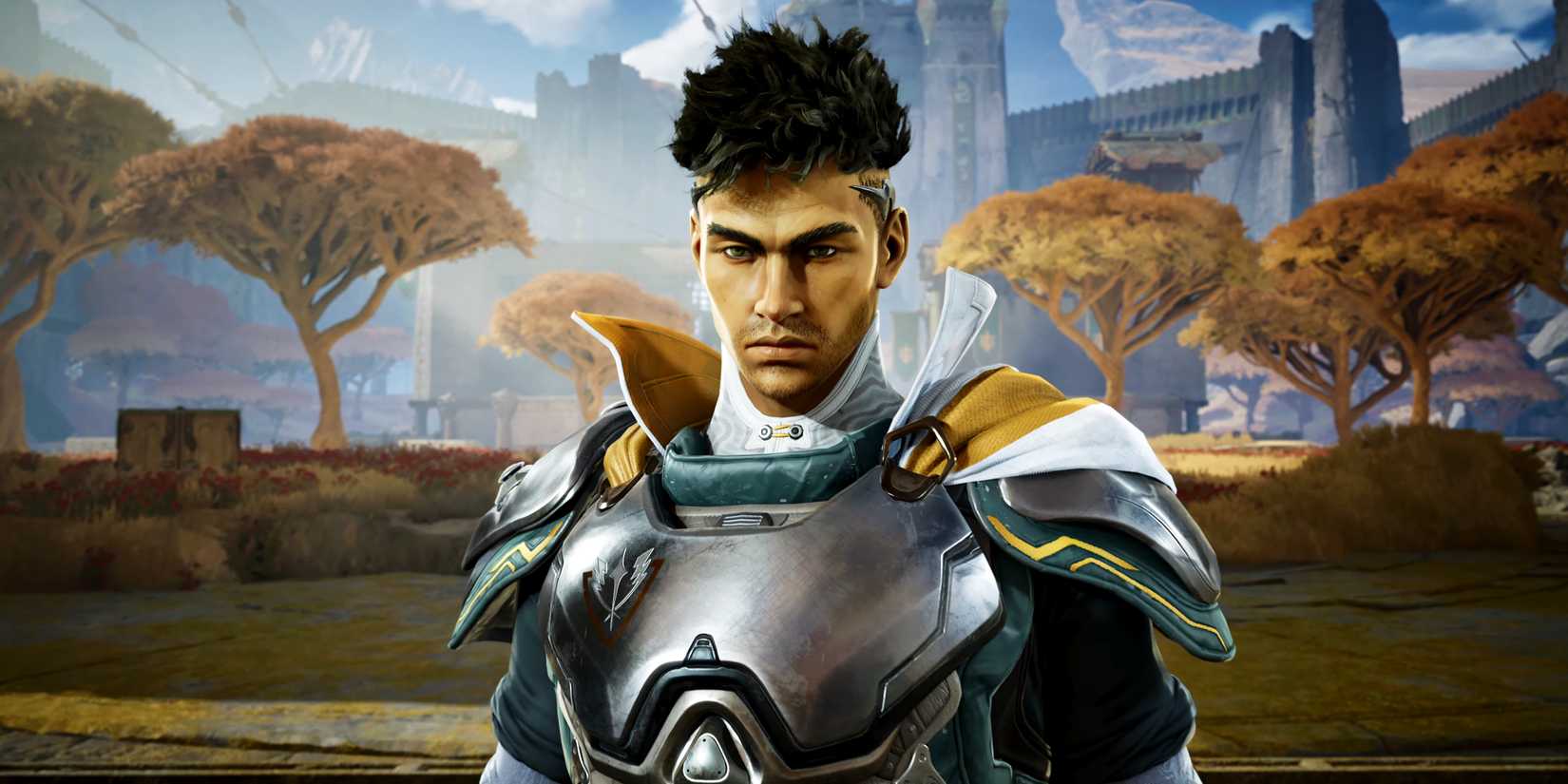 A character from Highguard in high-tech fantasy armor in front of a huge keep.