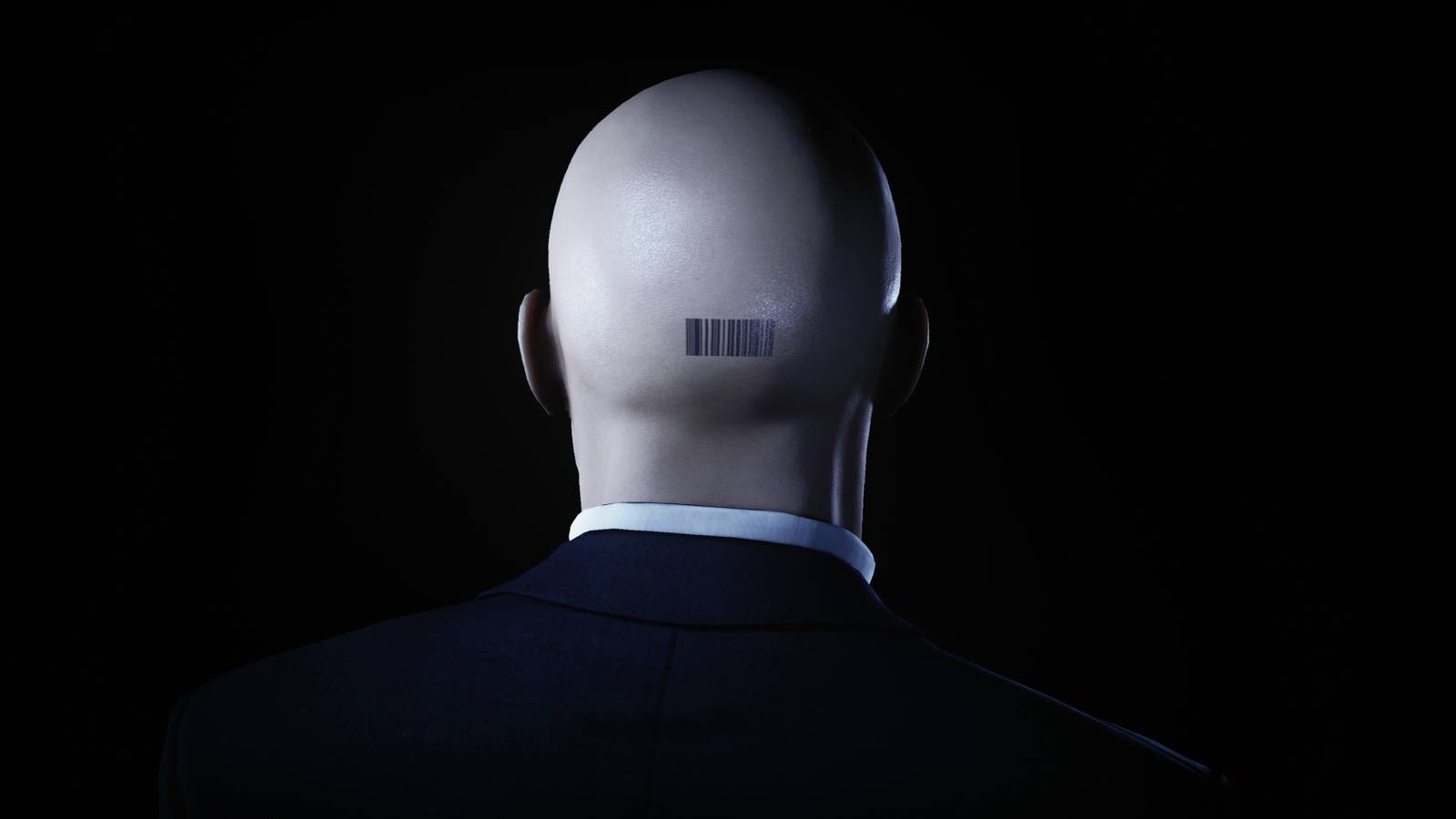 The back of Agent 47's head in Hitman 3, showing the barcode tattooed there.