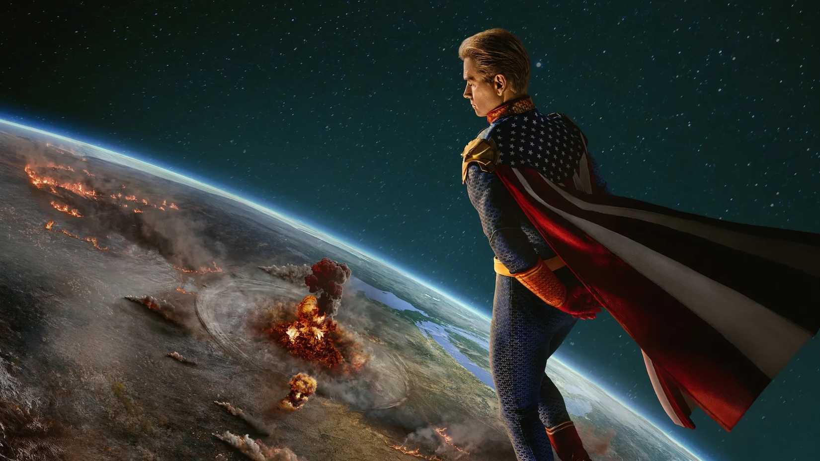 Homelander olhando para a Terra em um pôster da quinta temporada de The Boys.
