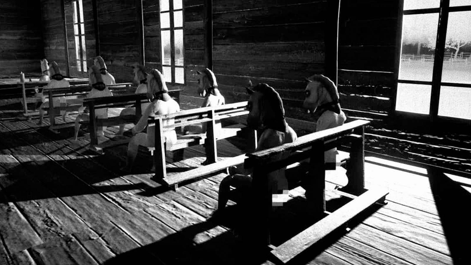 Horse-headed humans sitting on benches in the game Horses