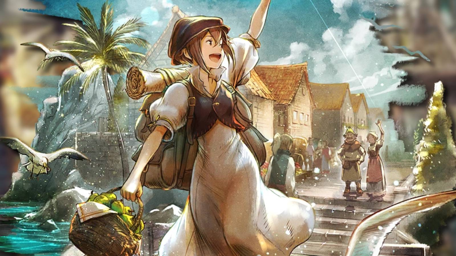 Tressa waves goodbye to her parents in Rippletide in Octopath Traveler 0 artwork.