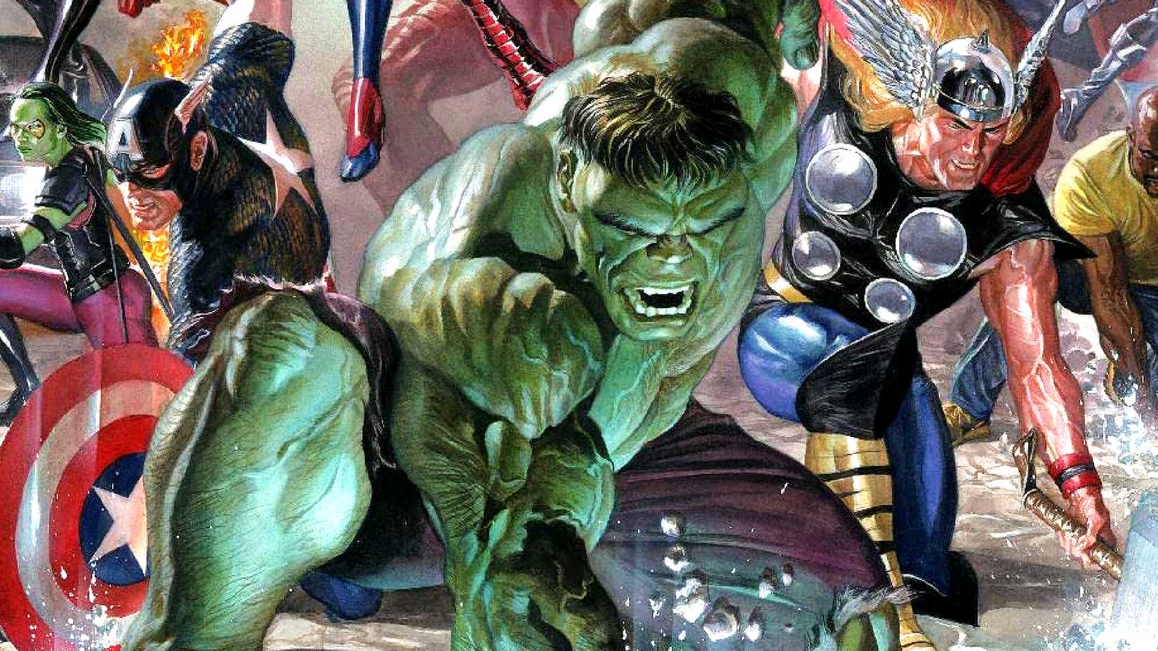 Hulk does a superhero landing alongside Captain America, Thor, Luke Cage, and other Avengers