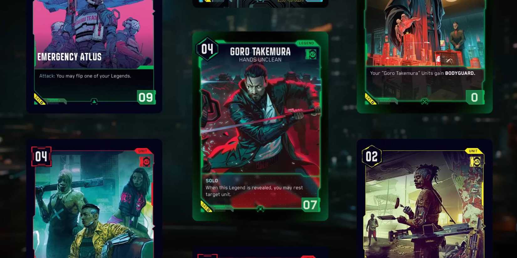 Карты Cyberpunk TCG с карточкой легенды Горо Такэмура