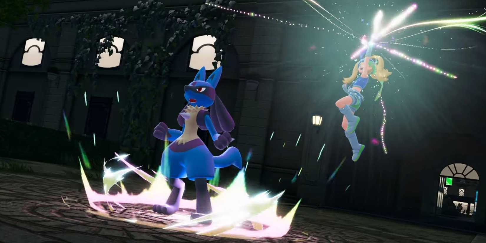 Pokémon Legends Z-A Korrina about to Mega Evolve her Lucario into Mega Lucario Z