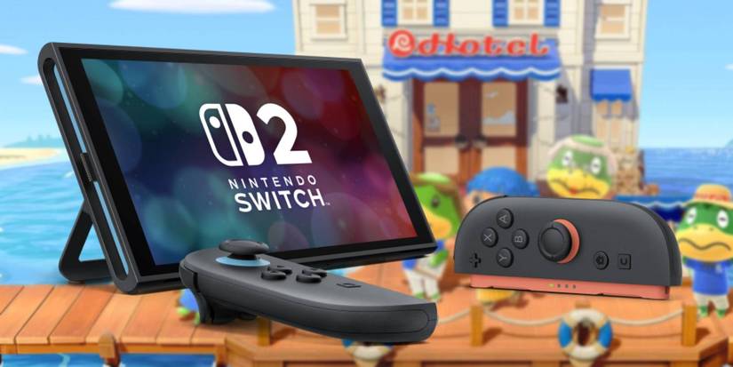Nintendo Switch 2 console with Animal Crossing background
