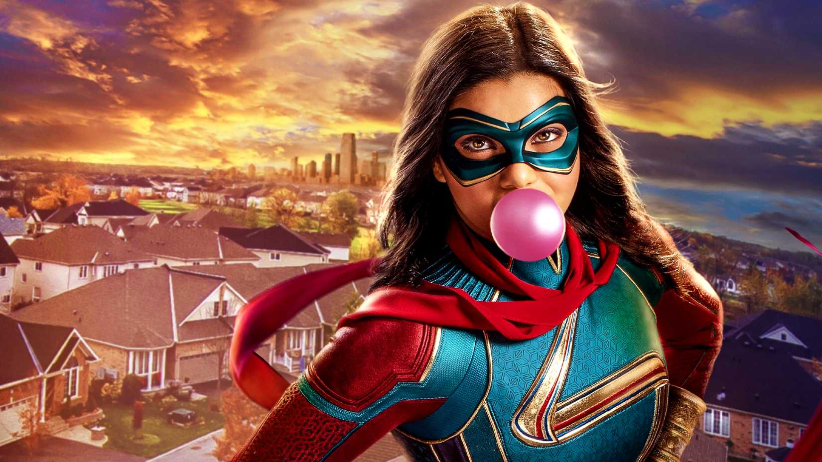 Iman Vellani's Kamala Khan aka Ms Marvel chews bubble gum in her neighborhood