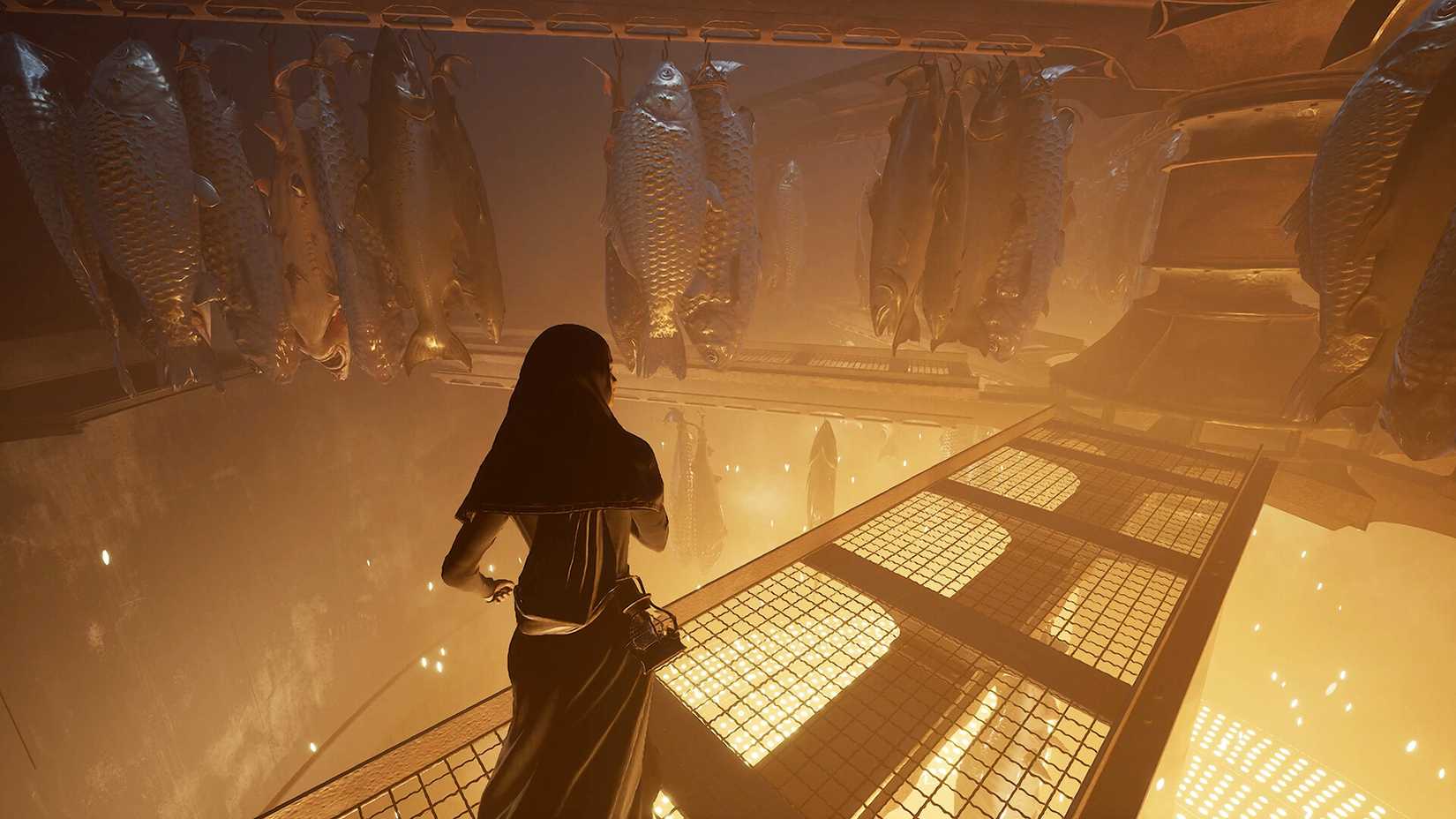 Character Indika walking on a platform above the fire with fish hanging all around her