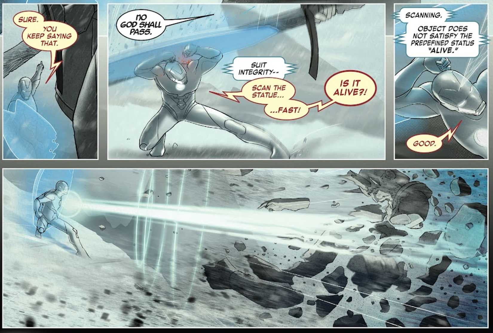 iron man battling a giant statue