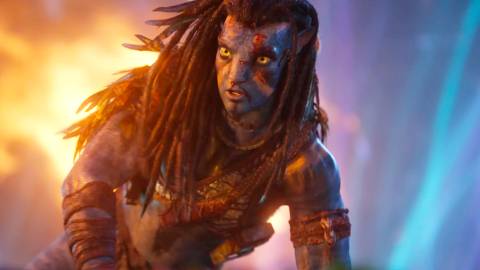 Sam Worthington looking worried as Jake Sully in Avatar: Fire and Ash