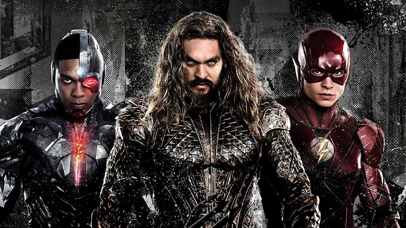Jason Momoa's Aquaman, Ezra Miller's Flash, and Ray Fisher's Cyborg stand together in Zack Snyder's Justice League art