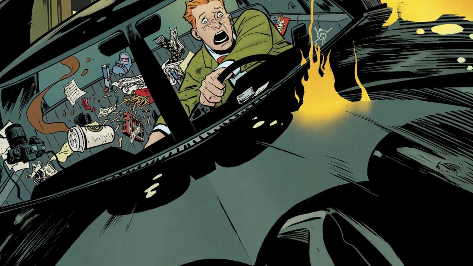 Jimmy Olsen driving the Batmobile.