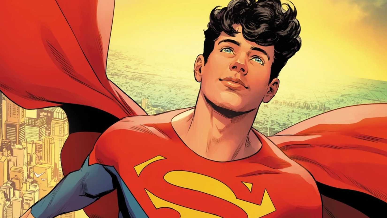 Jon Kent, the Son of Superman, flying high above Metropolis.
