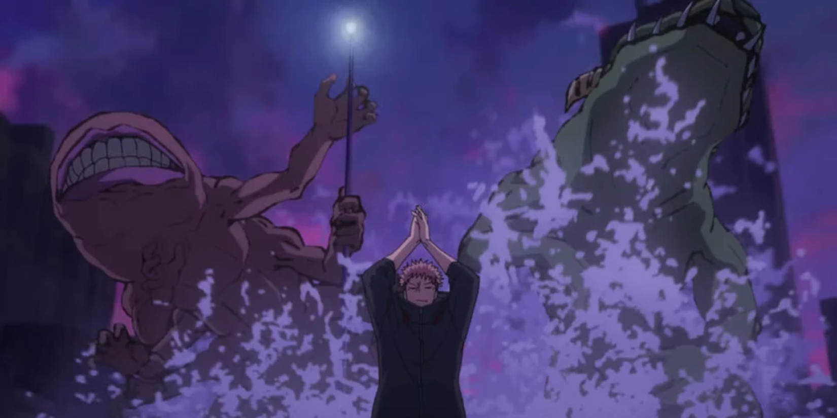 Jujutsu Kaisen Execution anime image - Itadori Yuji holding his hands up as two curses appear behind him