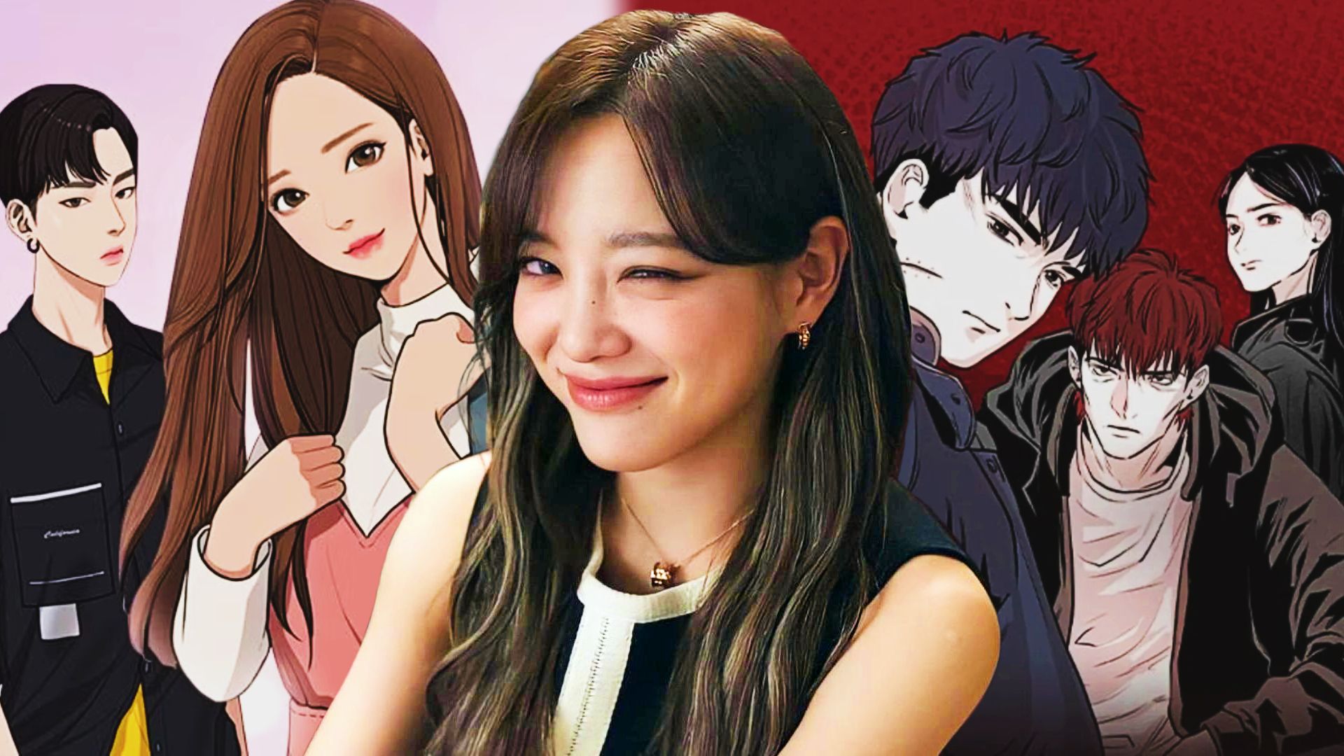 Kim Sejeong as Shin Hari from Business Proposal with True Beauty and Bloodhounds in the background