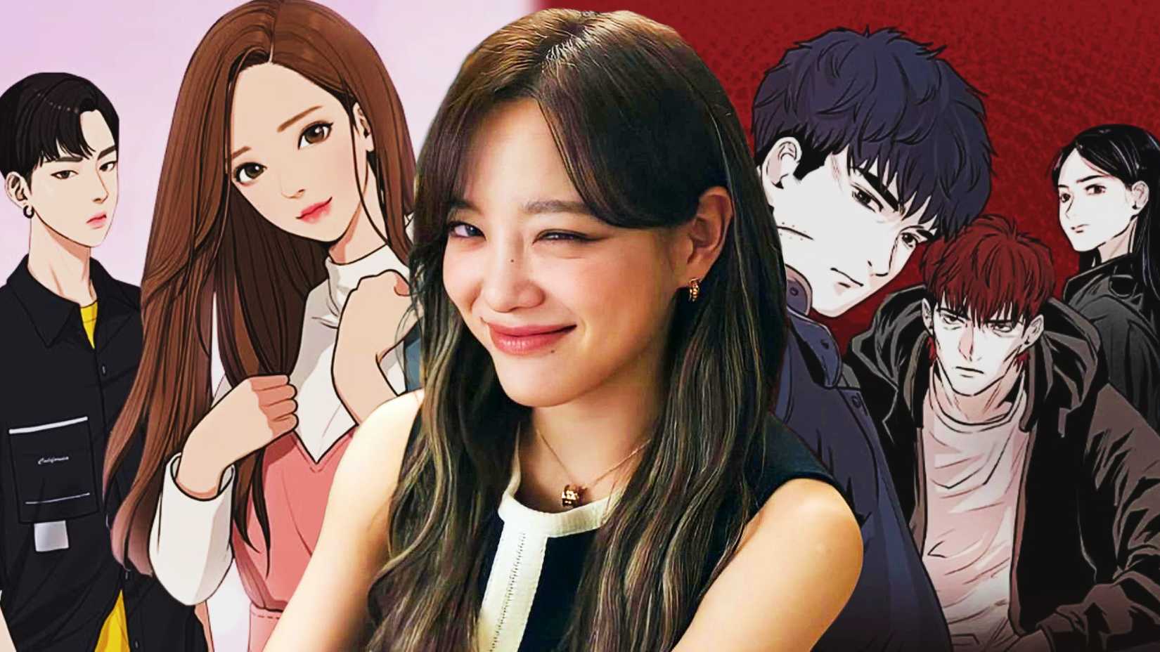 Kim Sejeong as Shin Hari from Business Proposal with True Beauty and Bloodhounds in the background