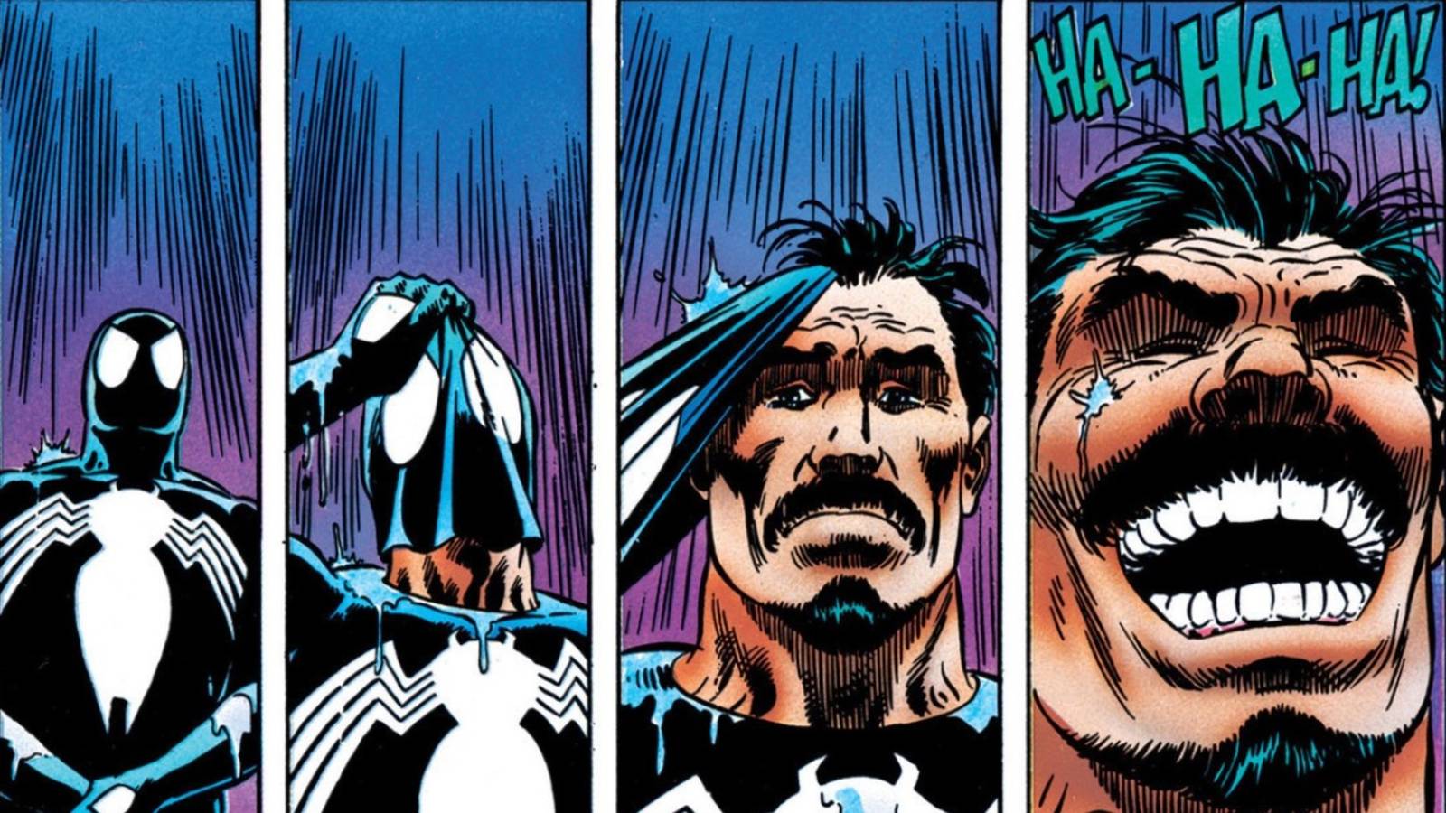 Kraven the Hunter, dressed as Spider-Man, takes off his mask and laughs.