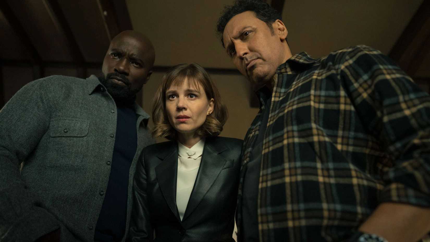 kristen david and ben in an episode of evil season 4 all looking at something off camera