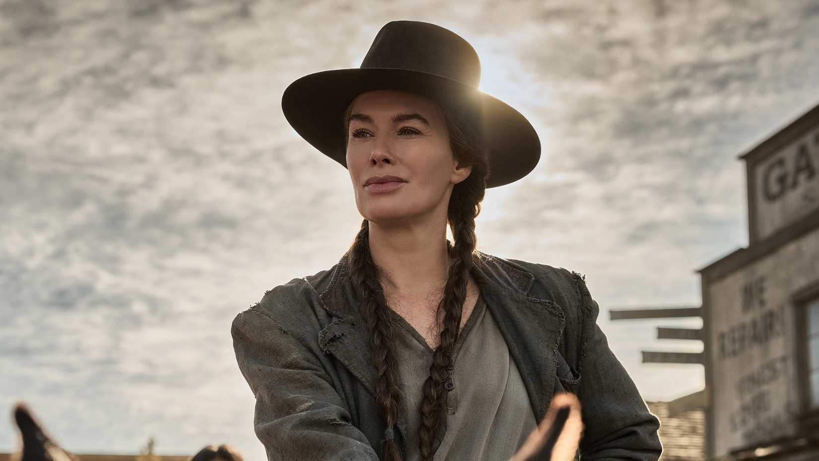 Lena Headey sitting on a horse in The Abandons