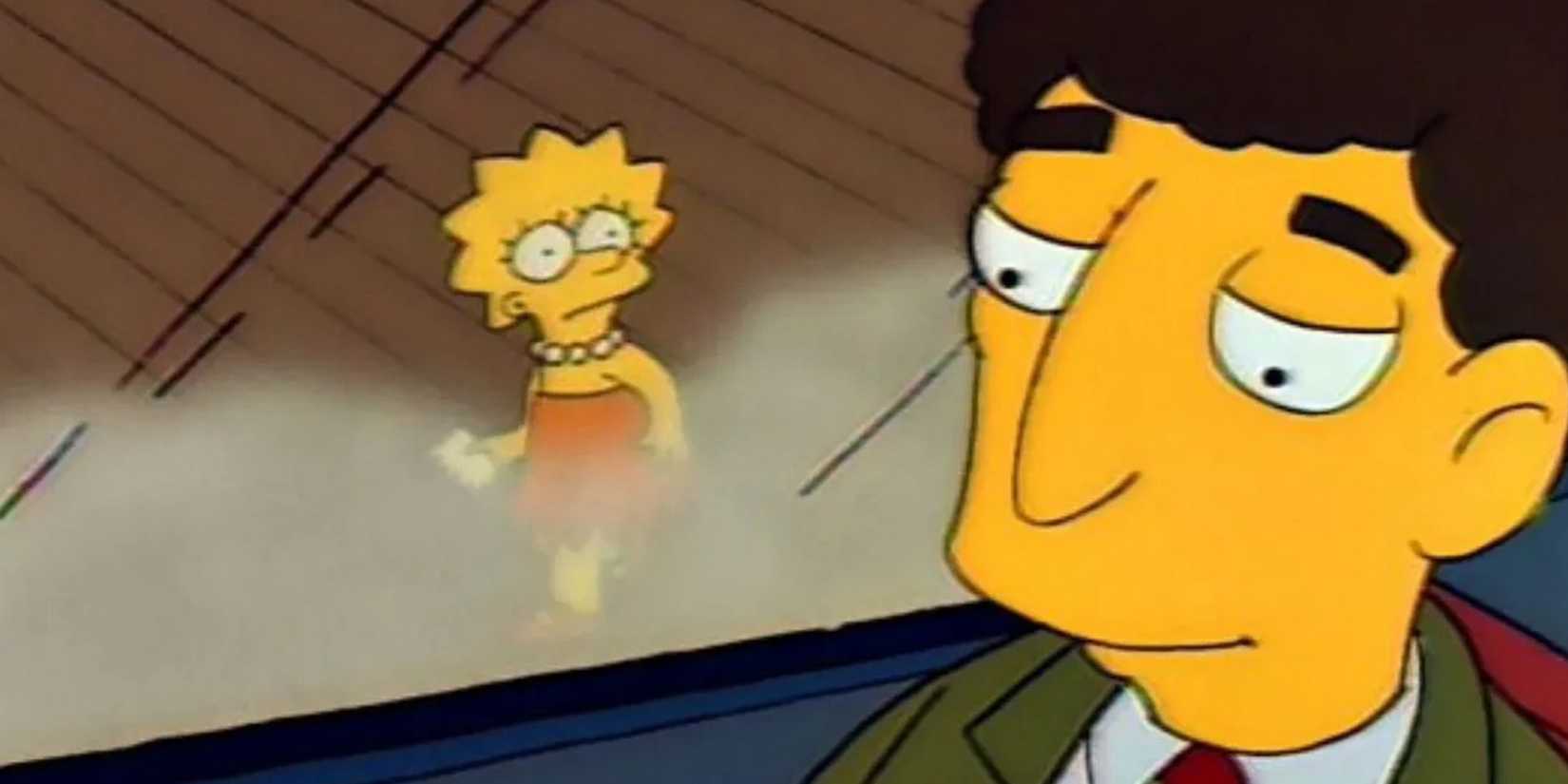 Lisa persegue o Sr. Bergstrom em uma estação de trem em Os Simpsons